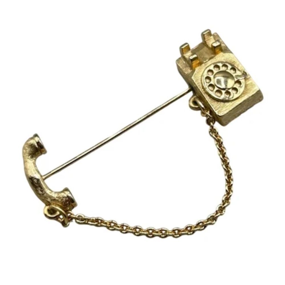 Vintage Gold Plated Antique Retro Telephone Stick Brooch